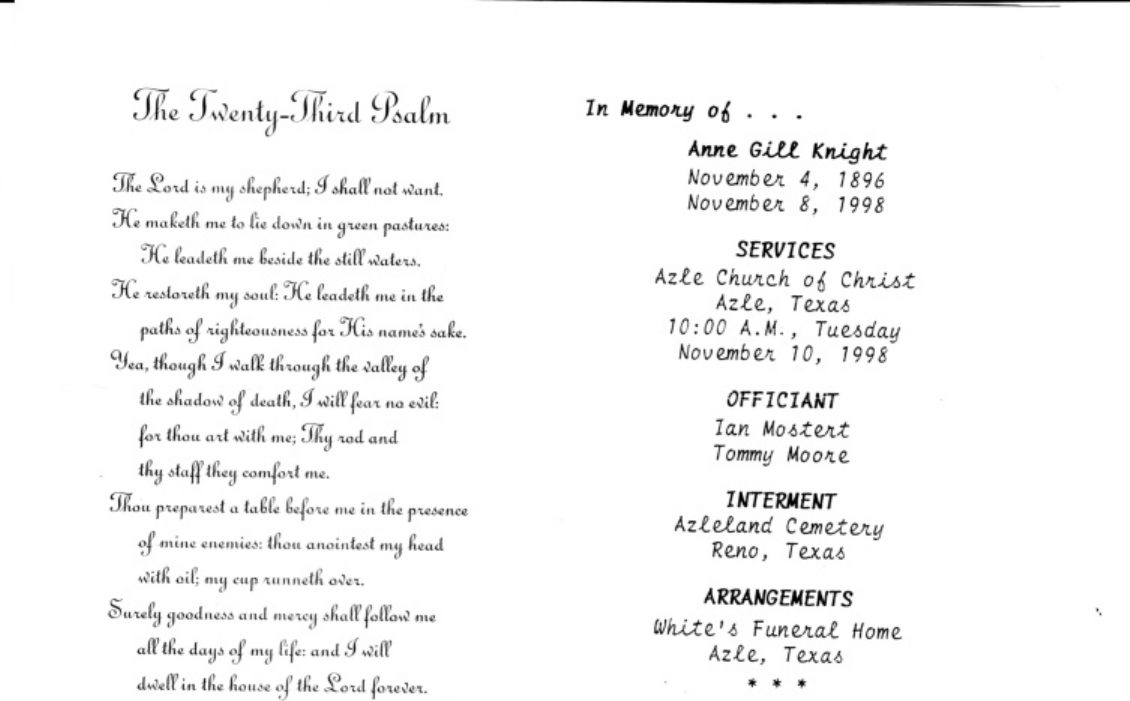 Funeral card: In Memory of Anne Gill Knight, November 4, 1896 – November 8, 1998