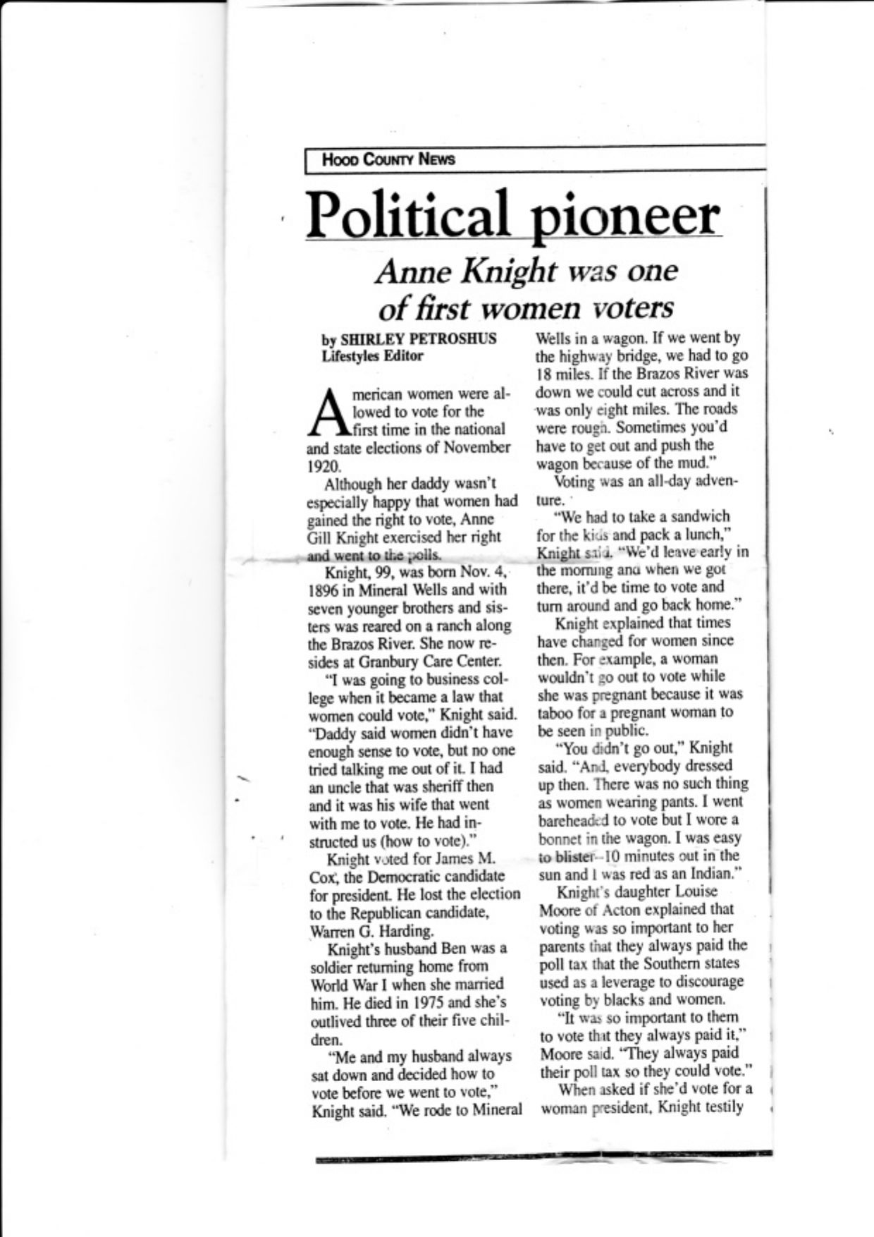Hood County News article, page 1: Political pioneer